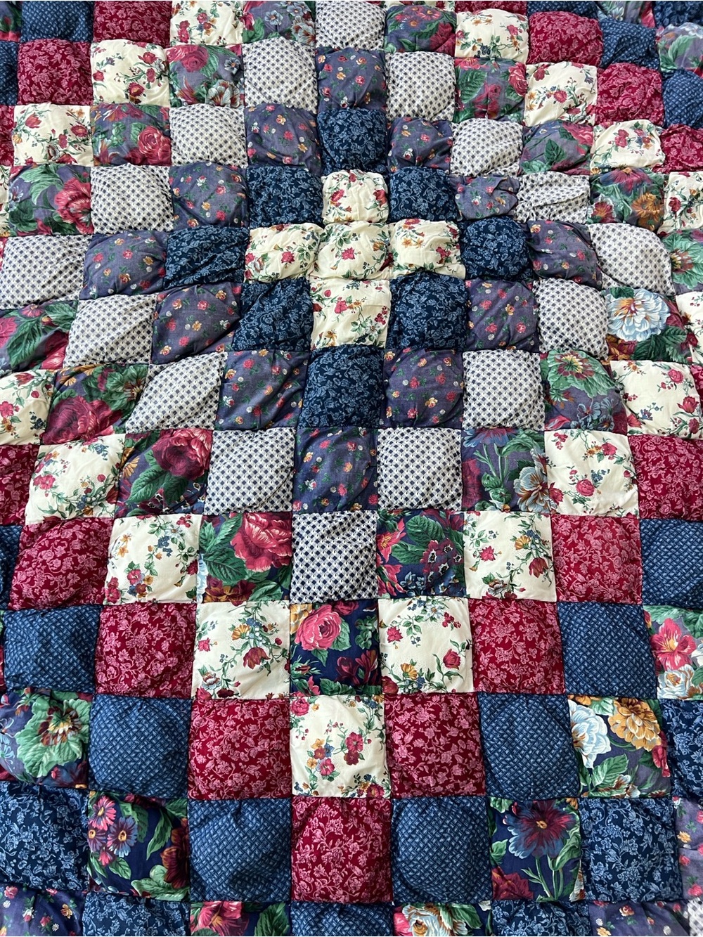 Handmade Patchwork Puff Quilt and matching pillow shams 75”x83” Queen farmhouse